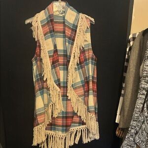 Entro Multicolor Plaid Fringe Vest
